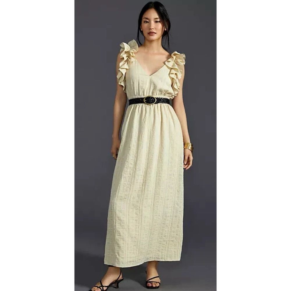 Anthropologie Mare Mare Flutter-Sleeve Maxi Dress Ruffle Size XS Neutral